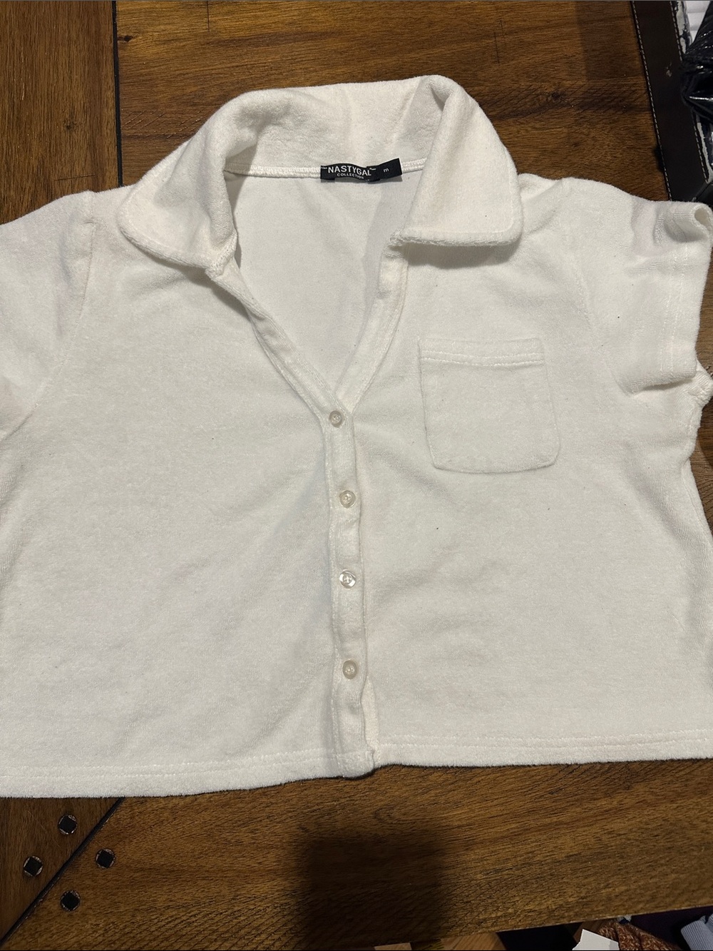 Nasty Gal White Terry Button-Down Polo Top